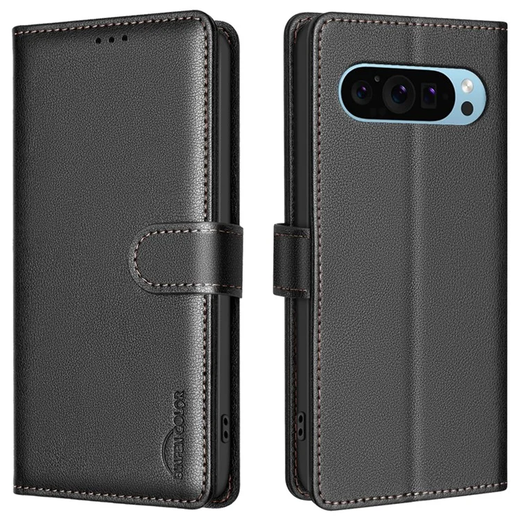 BINFEN COLOR BF32 Für Google Pixel 9 / 9 Pro Wallet Phone Stand Case Litchi Texture RFID Blocking Leder Phone Cover - Schwarz