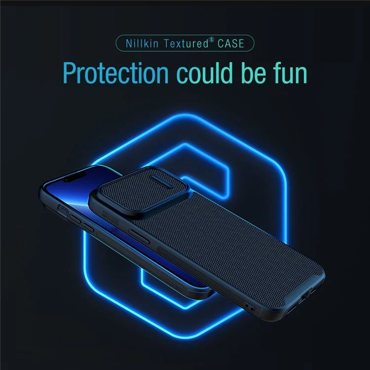 Nillkin Pour Iphone 14 Pro Max Anti-scratch Téléphone Back Back Nylon Fiber Textured Hard PC + TPU Soft TPU Téléphone Avec Couvercle de la Caméra à Diapositives - Bleu