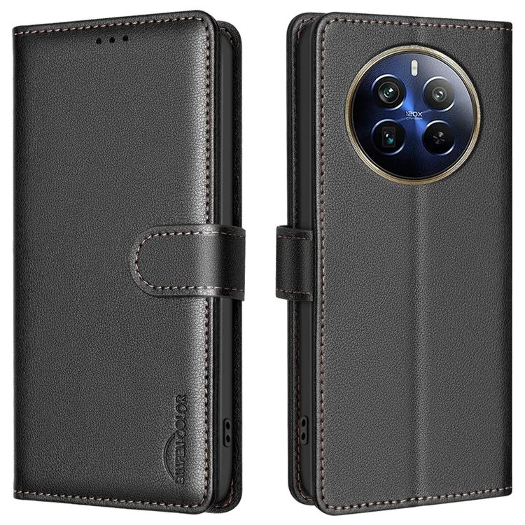 BINFEN COLOR BF32 Für Realme 12 Pro+ 5G / 12 Pro 5G Handyhülle Litchi-Textur RFID-Blockierung Lederhandy-Cover - Schwarz