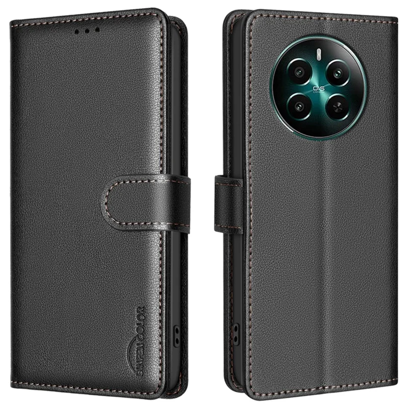 BINFEN COLOR BF32 For Realme 12 4G / 12+ 5G Cell Phone Case Litchi Texture RFID Blocking Leather Phone Cover - Black