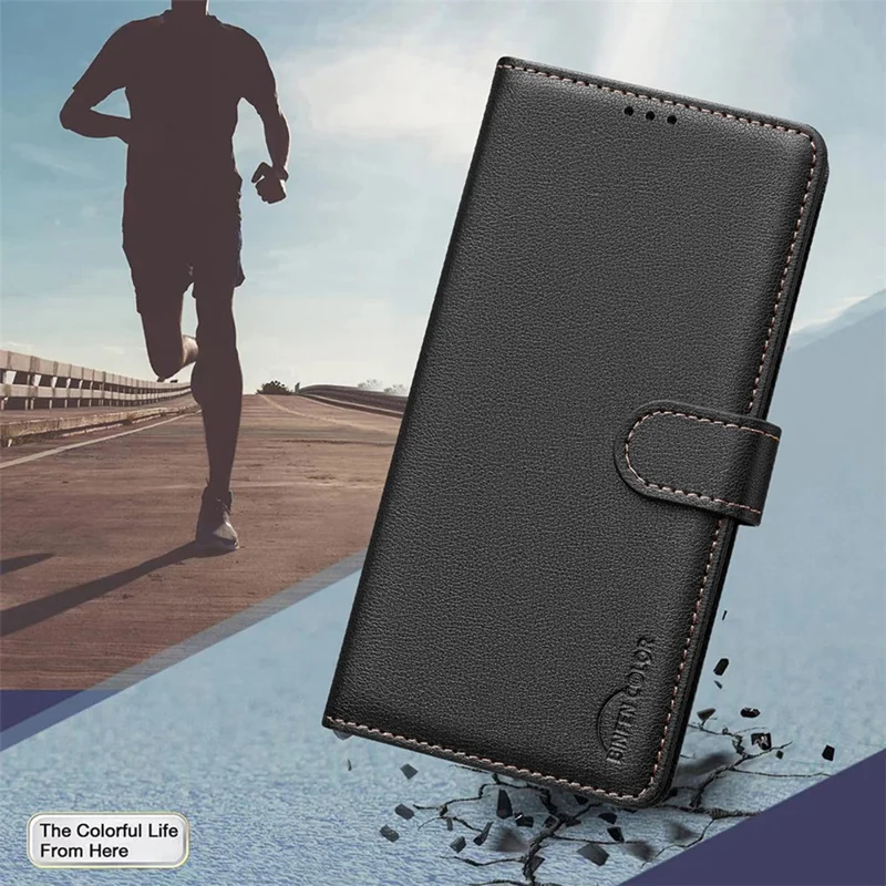 BINFEN COLOR BF32 For Realme 12 4G / 12+ 5G Cell Phone Case Litchi Texture RFID Blocking Leather Phone Cover - Black