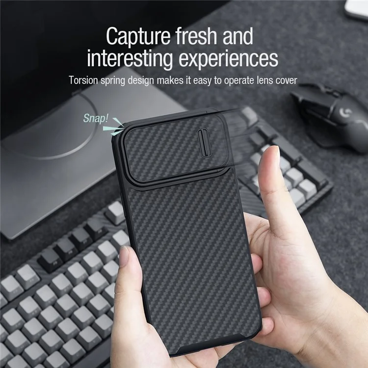 NILLKIN Carbon Fiber Case für iPhone 14 / iPhone 13, Harte PC-Rückseite TPU-Rahmen Handyhülle mit Slide-Kamerasschutz