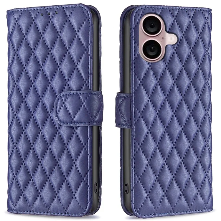 BINFEN COLOR BF Style-14 For iPhone 16 Plus Case Rhombus Grid Wallet Leather Phone Cover - Blue