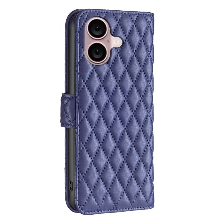 BINFEN COLOR BF Style-14 For iPhone 16 Plus Case Rhombus Grid Wallet Leather Phone Cover - Blue
