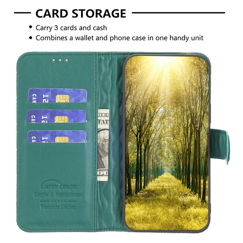 BINFEN COLOR BF Style-14 For iPhone 16 Plus Case Rhombus Grid Wallet Leather Phone Cover - Green