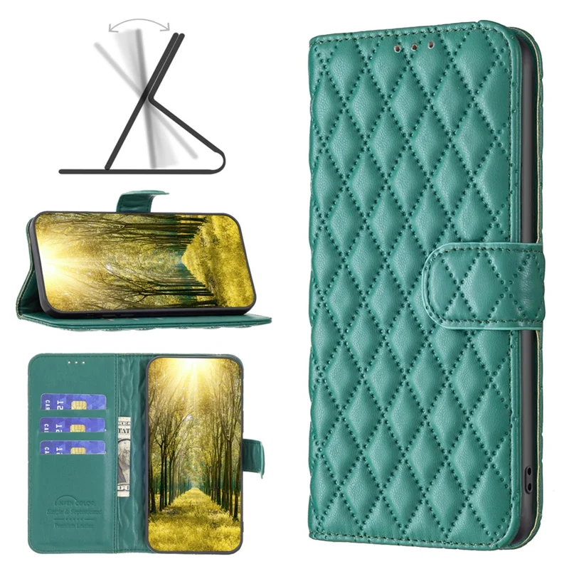BINFEN COLOR BF Style-14 For iPhone 16 Plus Case Rhombus Grid Wallet Leather Phone Cover - Green