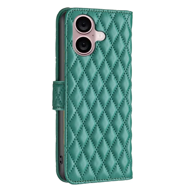 BINFEN COLOR BF Style-14 For iPhone 16 Plus Case Rhombus Grid Wallet Leather Phone Cover - Green