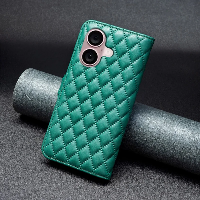 BINFEN COLOR BF Style-14 For iPhone 16 Plus Case Rhombus Grid Wallet Leather Phone Cover - Green