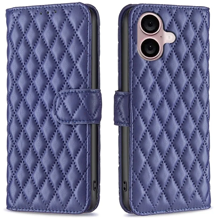 BINFEN COLOR BF Style-14 Pour iPhone 16 Case Rhombus Grid Leather Wallet Stand Phone Cover - Bleu