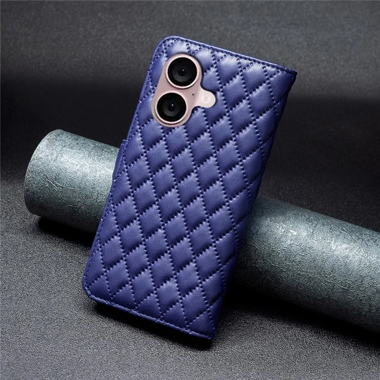 BINFEN COLOR BF Style-14 Pour iPhone 16 Case Rhombus Grid Leather Wallet Stand Phone Cover - Bleu