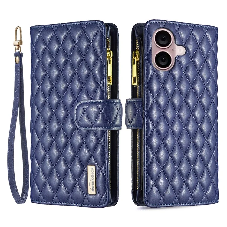BINFEN COLOR BF Style-15 Capa para iPhone 16 Plus Impressão em Losango Carteira com Zíper Capa de Telefone de Couro - Azul