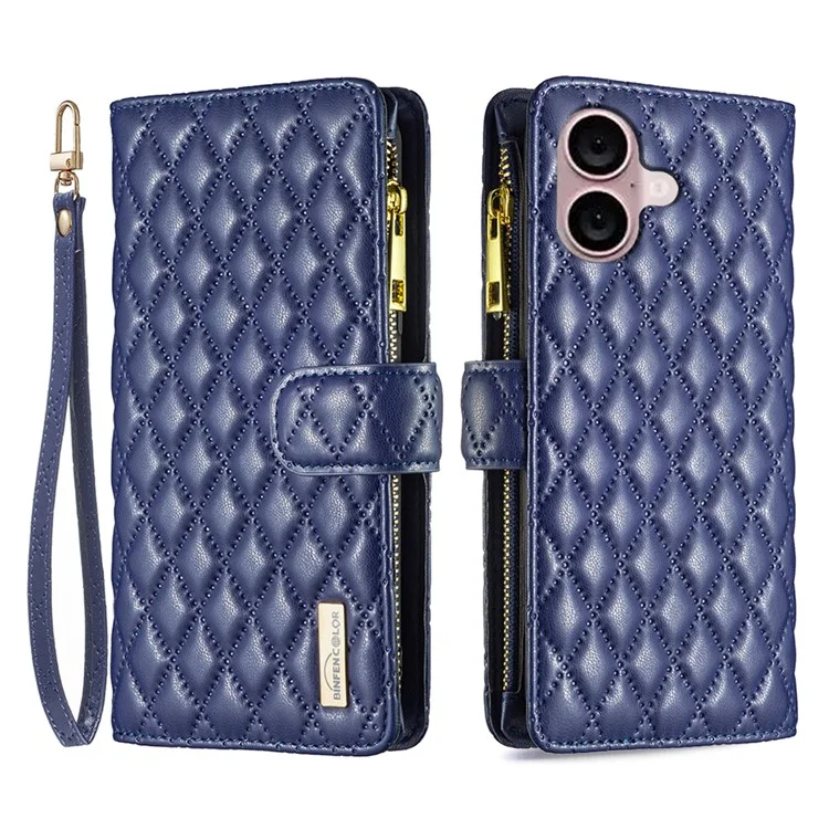 BINFEN COLOR BF Style-15 Чехол для iPhone 16, застёжка-молния, кожаный, ударопрочный - синий