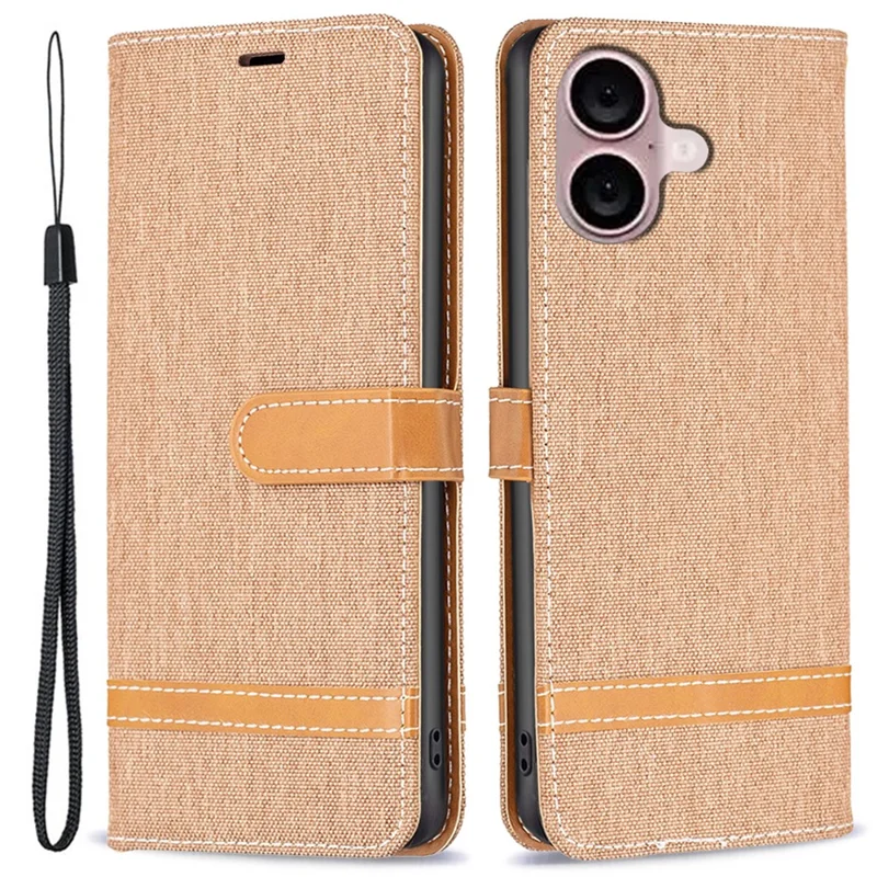 For iPhone 16 Leather Wallet Case Jeans Cloth Texture Protective Cover - Brown