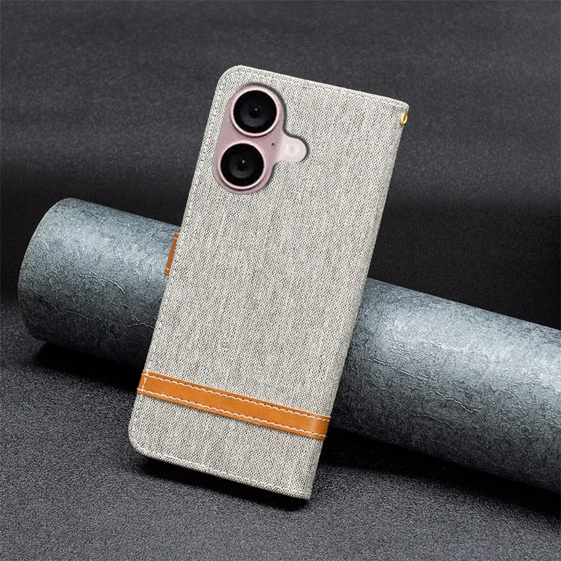 For iPhone 16 Leather Wallet Case Jeans Cloth Texture Protective Cover - Grey