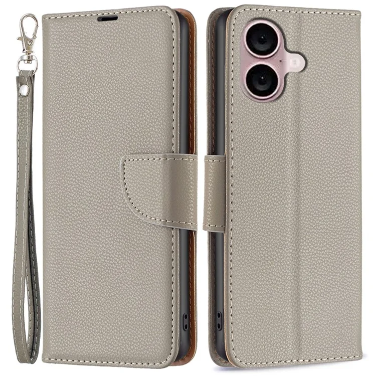For iPhone 16 Case Drop Proof Wallet Litchi Texture Leather Phone Cover - Grau