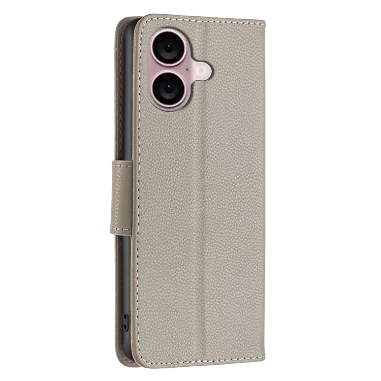 For iPhone 16 Case Drop Proof Wallet Litchi Texture Leather Phone Cover - Grau