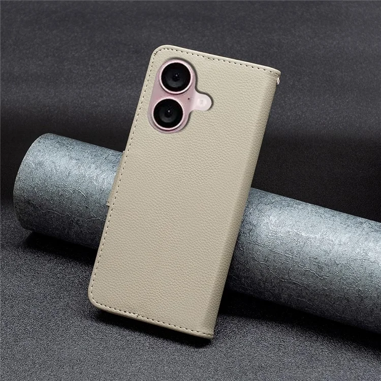 For iPhone 16 Case Drop Proof Wallet Litchi Texture Leather Phone Cover - Grau