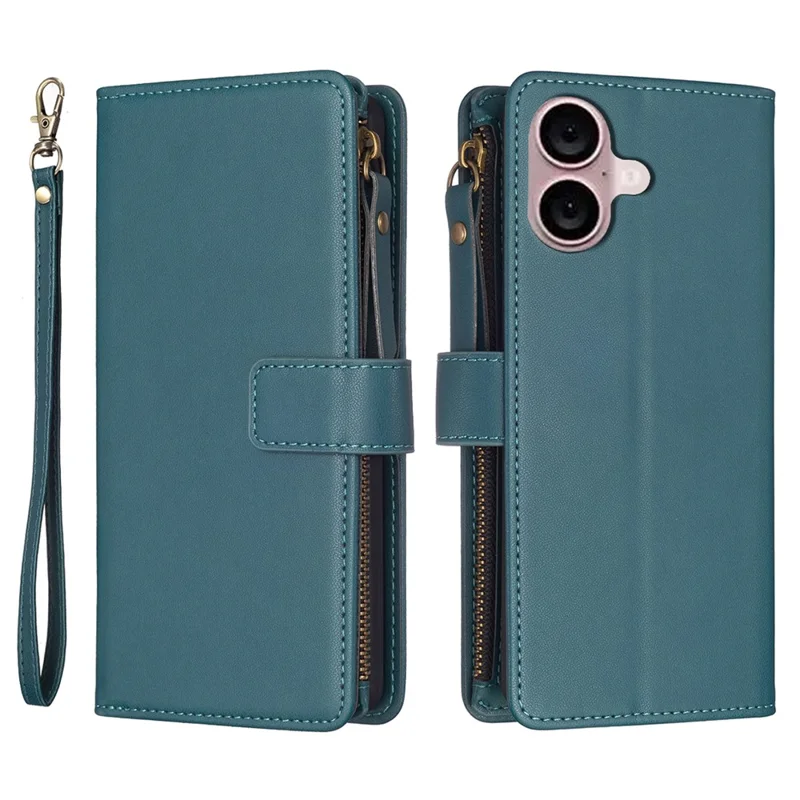 BF Style-19 para iPhone 16 Zipper Leather Case Anti-Scratch Flip Wallet Phone Cover - Verde
