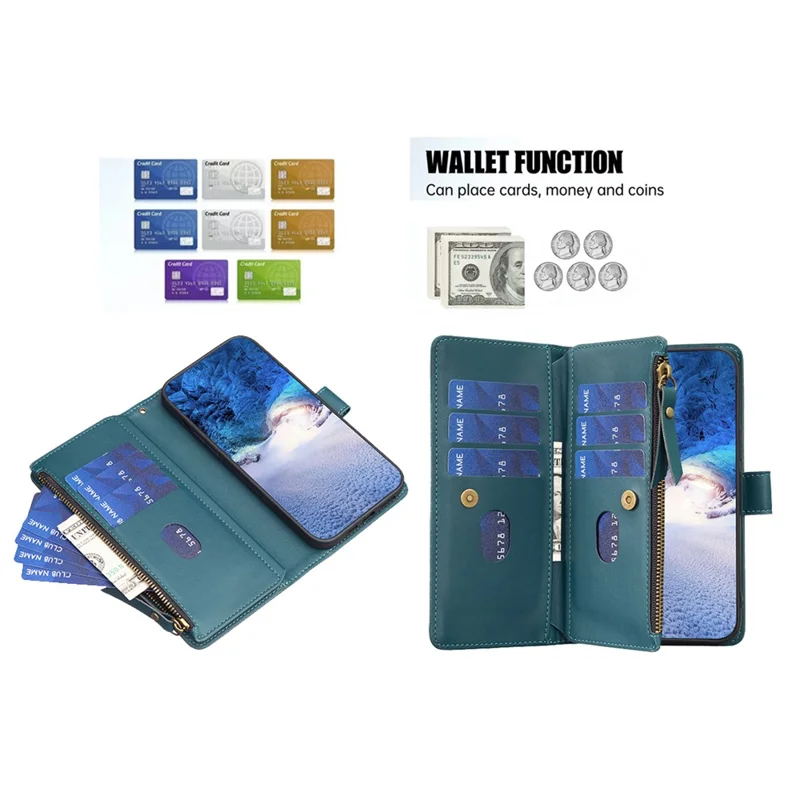 BF Style-19 para iPhone 16 Zipper Leather Case Anti-Scratch Flip Wallet Phone Cover - Verde