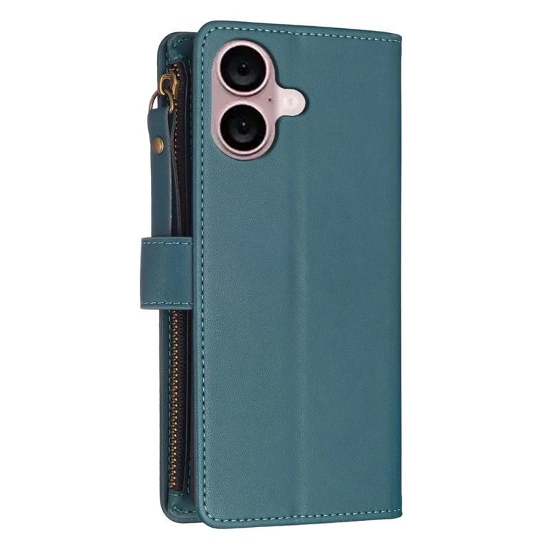 BF Style-19 para iPhone 16 Zipper Leather Case Anti-Scratch Flip Wallet Phone Cover - Verde