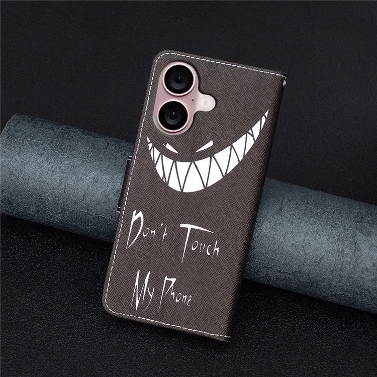Case de Couro para iPhone 16 Plus com Estampa Padrão, Suporte para Carteira e Capa Anti-queda - Não Toque no Meu Telefone