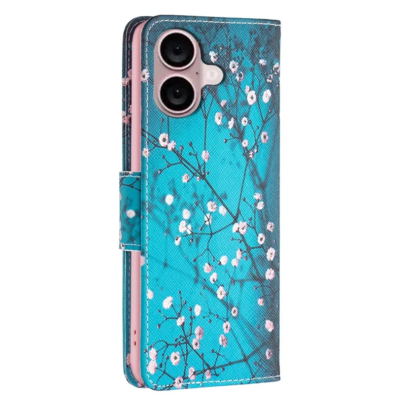 For iPhone 16 Plus Leather Case Pattern Printing Wallet Stand Anti-fall Phone Cover - Plum Blossom