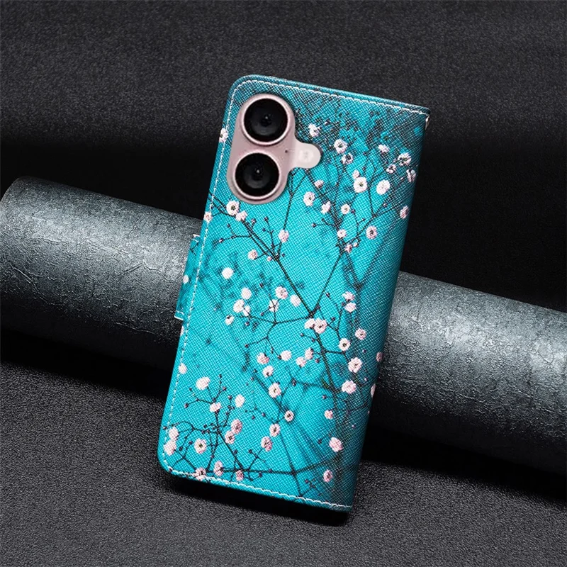 For iPhone 16 Plus Leather Case Pattern Printing Wallet Stand Anti-fall Phone Cover - Plum Blossom