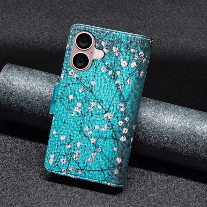 BF03 For iPhone 16 Plus Case Pattern Printing Zipper Leather Phone Stand Cover - Plum Blossom