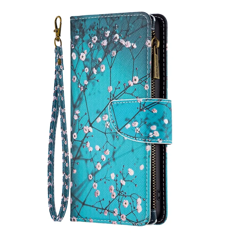 BF03 For iPhone 16 Case Pattern Printing Zipper Leather Phone Stand Cover - Plum Blossom