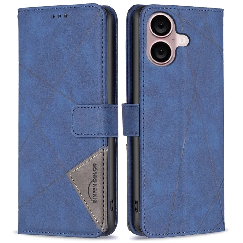 BINFEN COLOR For iPhone 16 Phone Cases Wallet Stand Geometry Imprint Leather Cover - Blue