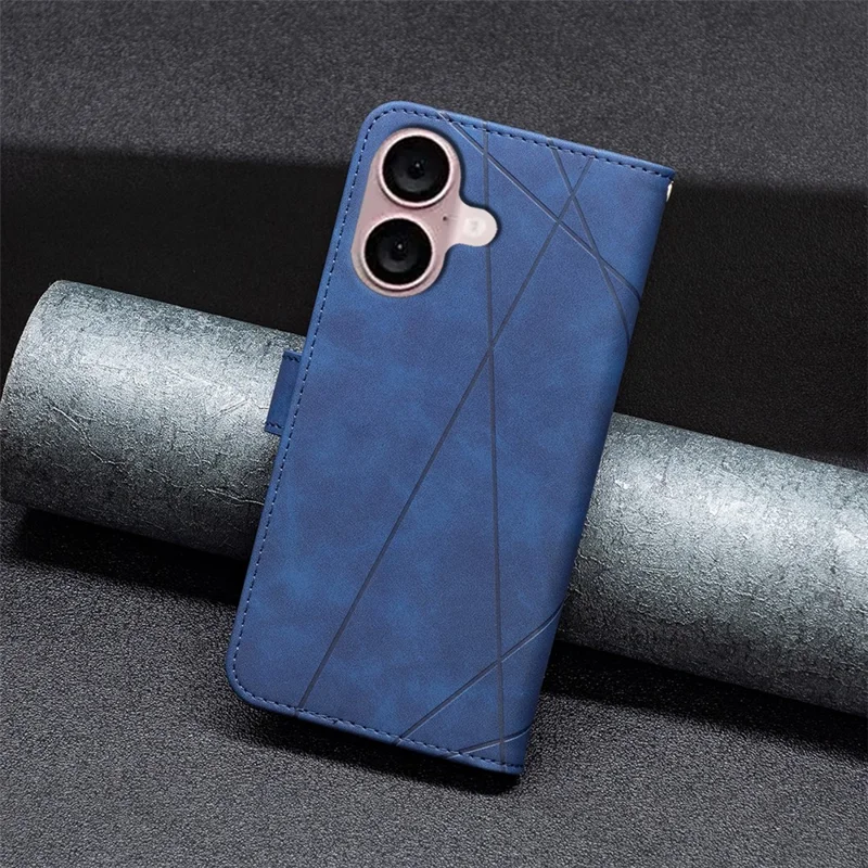 BINFEN COLOR For iPhone 16 Phone Cases Wallet Stand Geometry Imprint Leather Cover - Blue