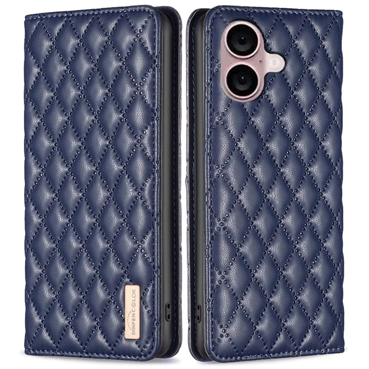 BINFEN COLOR BF Estilo-16 Para iPhone 16 Plus Suporte de Telefone Caso Capa de Telefone de Couro com Impressão Rombo Grade - Azul