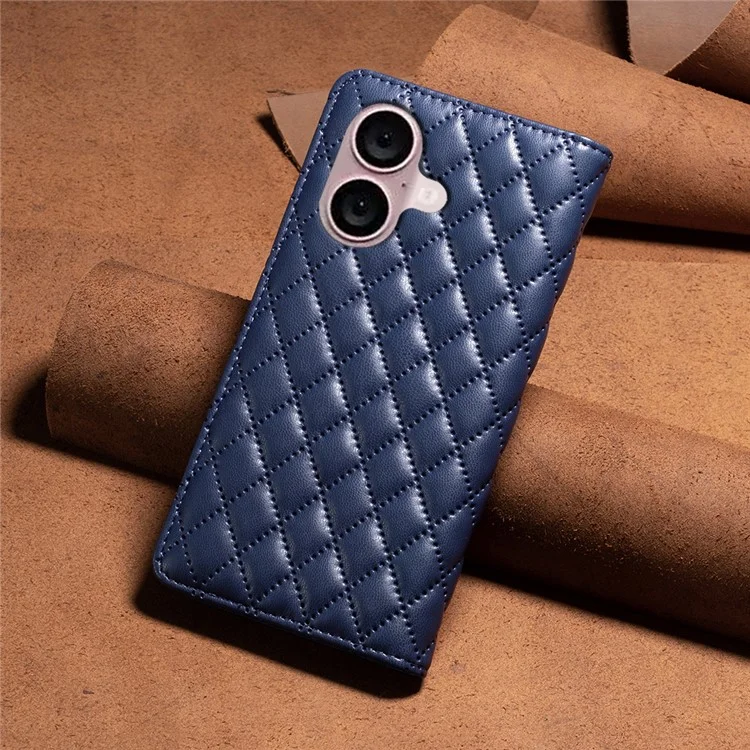 BINFEN COLOR BF Estilo-16 Para iPhone 16 Plus Suporte de Telefone Caso Capa de Telefone de Couro com Impressão Rombo Grade - Azul