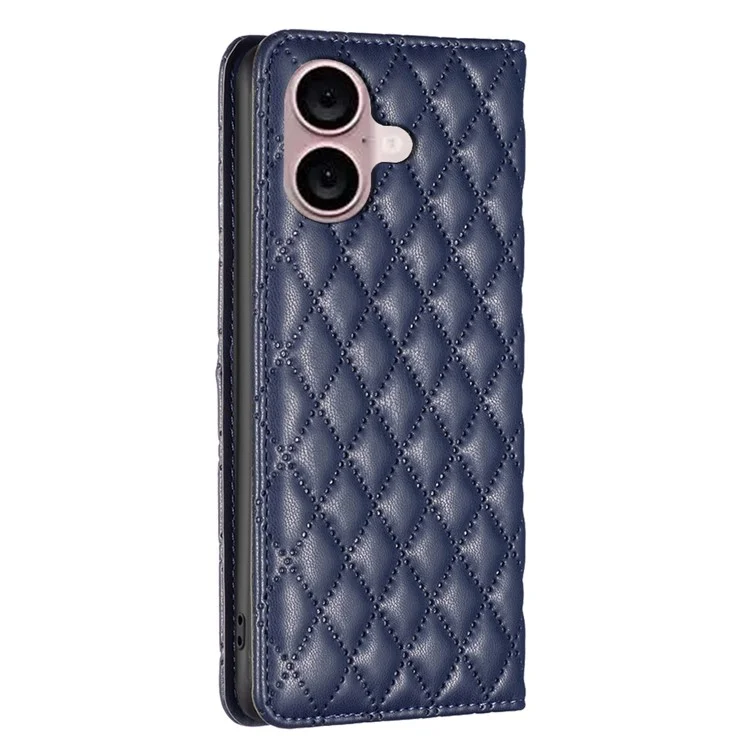 BINFEN COLOR BF Estilo-16 Para iPhone 16 Plus Suporte de Telefone Caso Capa de Telefone de Couro com Impressão Rombo Grade - Azul