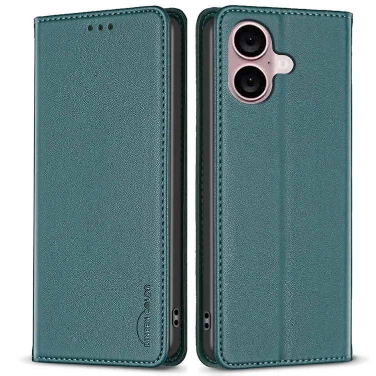 BINFEN COLOR BF18 Para iPhone 16 Plus Case Fechamento Magnético Capa de Telefone Antiarranhões de Couro - Verde