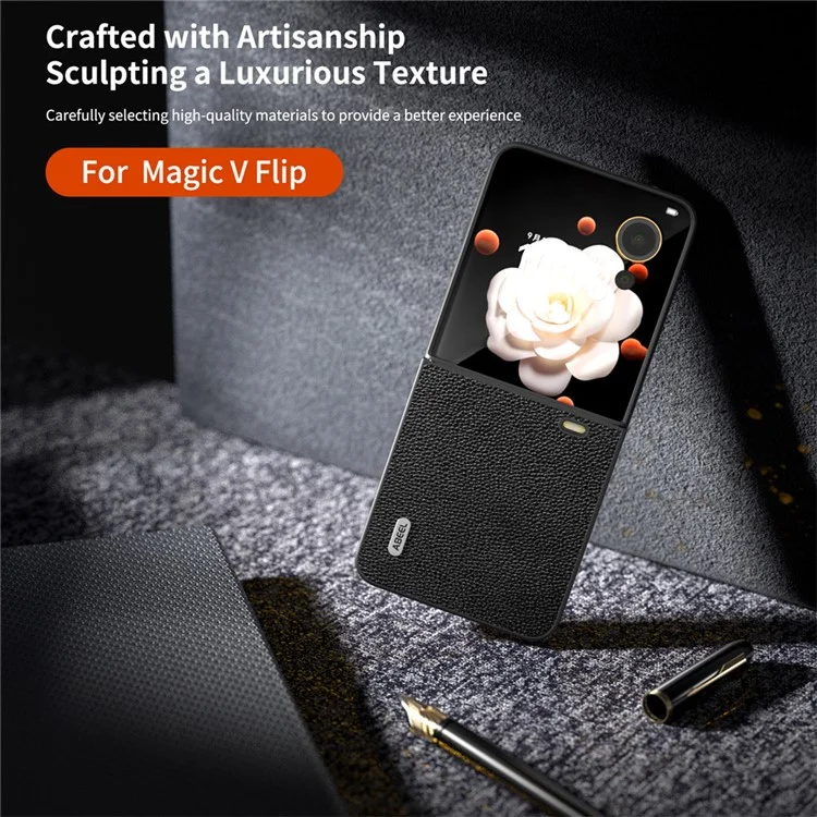 Capa 5G Litchi Texture Anti-Deslizante para Honor Magic V Flip - Preta