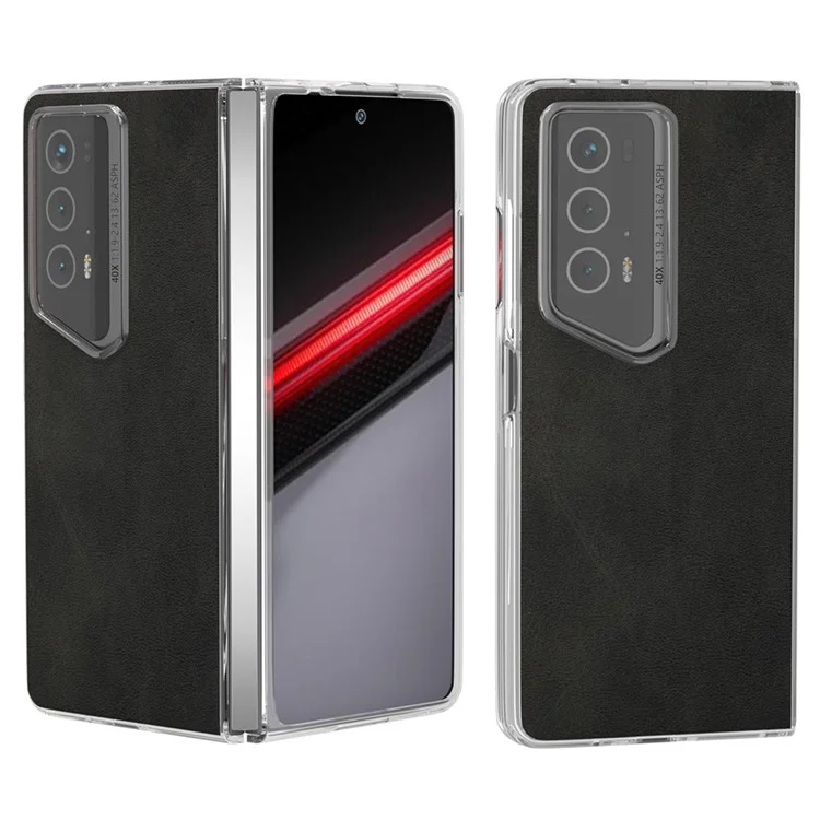 For Honor Magic V2 RSR Porsche Design Case Clear Matte Edge PU+PC Phone Cover Cowhide Texture - Black