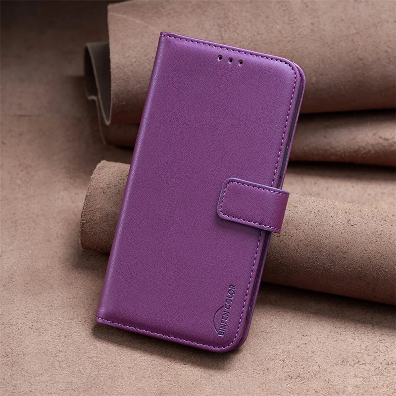 BINFEN COLOR BF17 For Samsung Galaxy S24 FE Shell PU Leather Stand Phone Case Wallet Cover - Dark Purple
