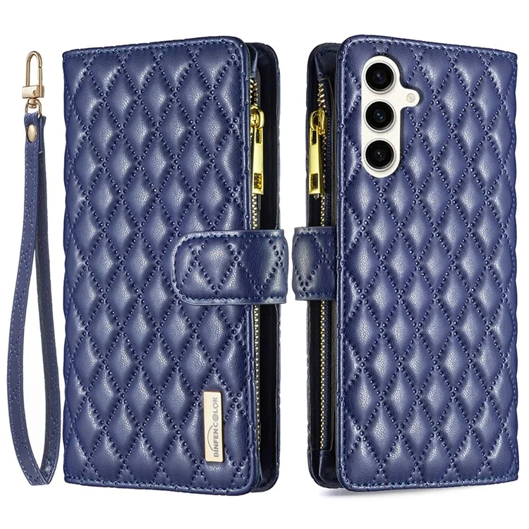 BINFEN COLOR BF Style-15 For Samsung Galaxy S24 FE Case PU Leather Zipper Pocket Phone Cover - Blue