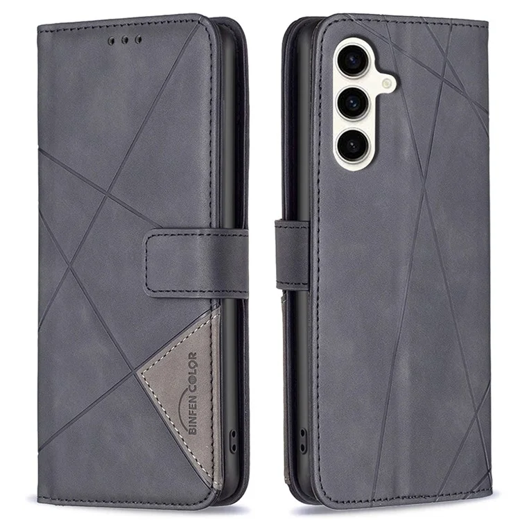 BINFEN COLOR For Samsung Galaxy S24 FE Phone Cases Wallet Stand Geometry Imprinted Leather Cover - Black