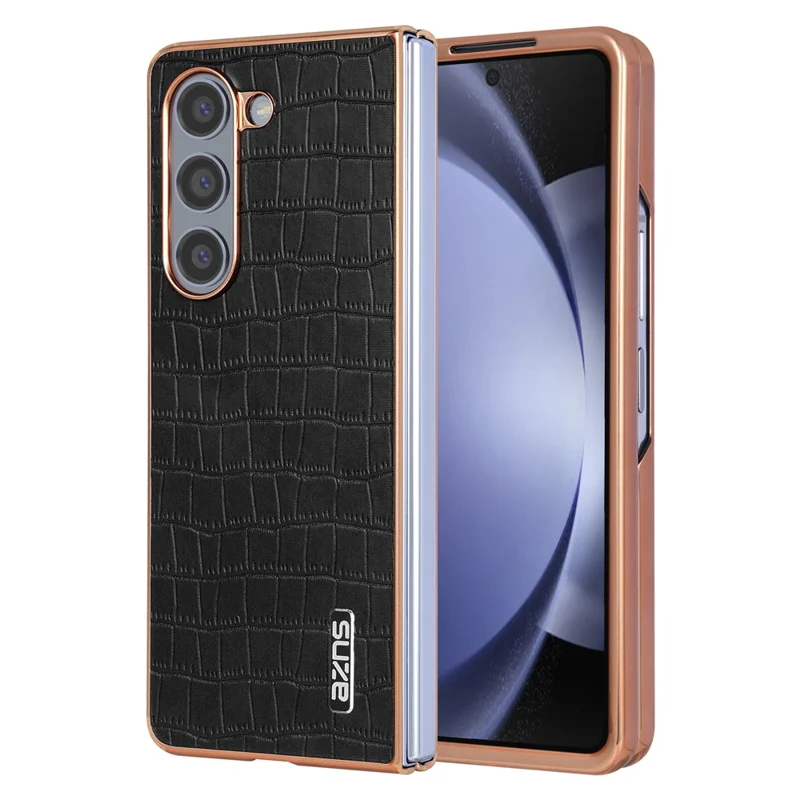 AZNS For Samsung Galaxy Z Fold6 5G Case Crocodile Texture PU Leather+PC Phone Cover - Black