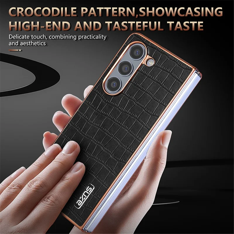 AZNS For Samsung Galaxy Z Fold6 5G Case Crocodile Texture PU Leather+PC Phone Cover - Brown