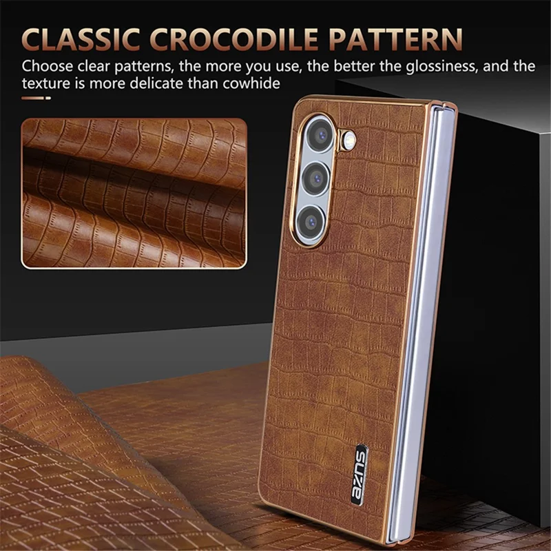 AZNS For Samsung Galaxy Z Fold6 5G Case Crocodile Texture PU Leather+PC Phone Cover - White