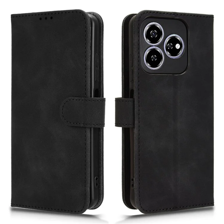 For ZTE Axon 60 Case Skin-Feel Leather Wallet Folio Flip Anti-Drop Phone Cover - Black