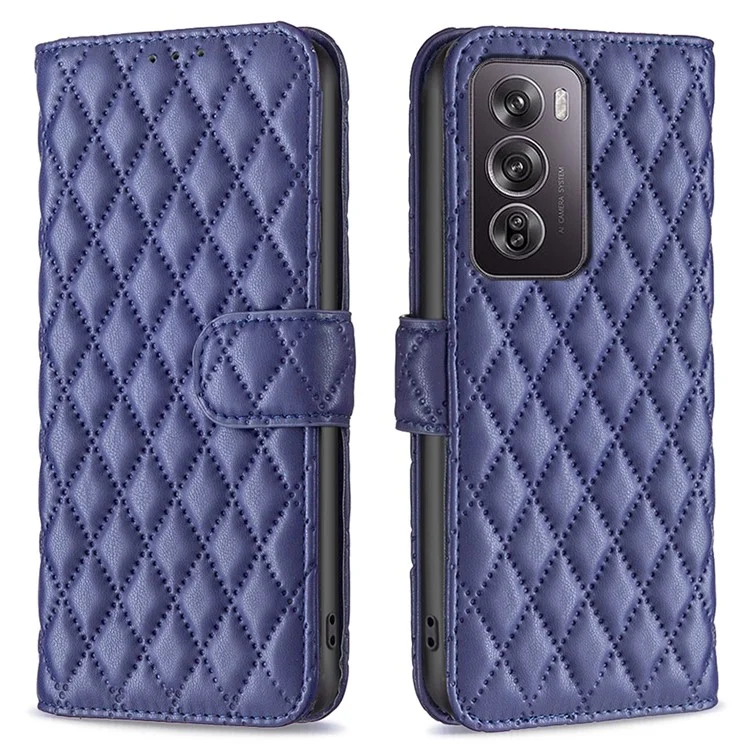 BINFEN COLOR BF Style-14 Für Oppo Reno12 Pro 5G (Global) Case Rhombus Imprint Leder Brieftasche Handyhülle - Blau