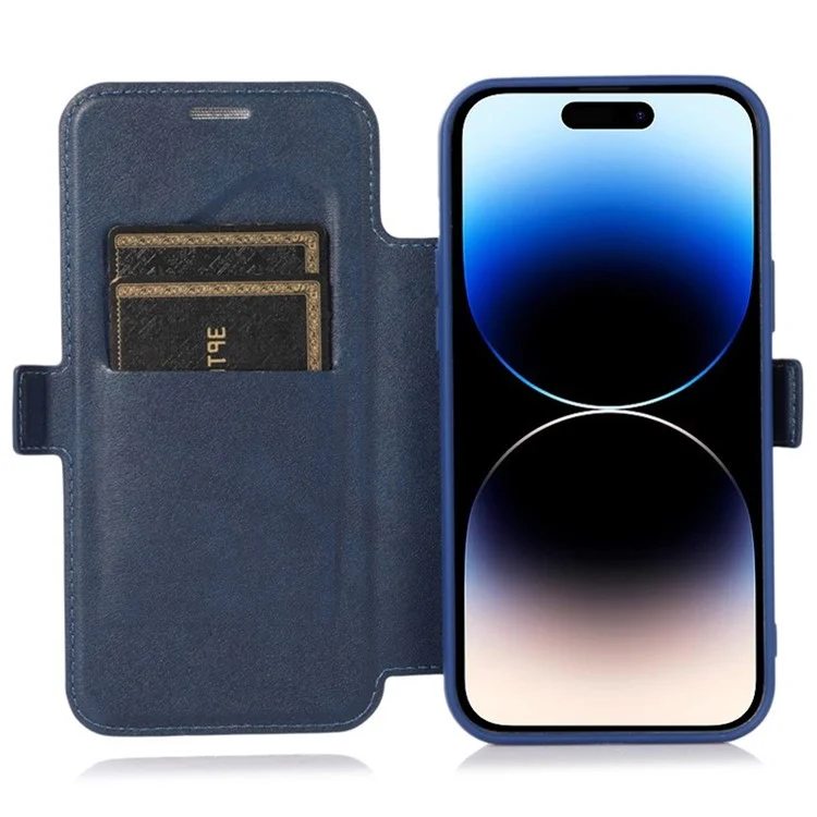 Для iPhone 14 Pro Slide Camera Protection Folio Flip Phone Case PU Leather Stand Card Holder Cover - Blue