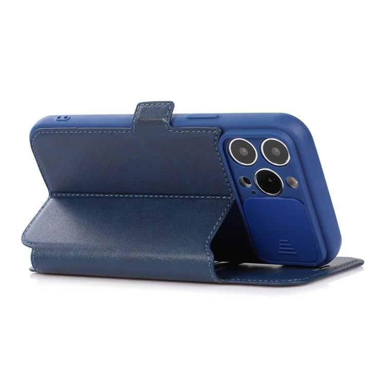 Для iPhone 14 Pro Slide Camera Protection Folio Flip Phone Case PU Leather Stand Card Holder Cover - Blue