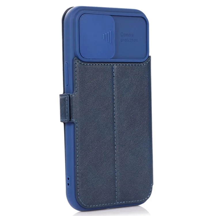 Для iPhone 14 Pro Slide Camera Protection Folio Flip Phone Case PU Leather Stand Card Holder Cover - Blue