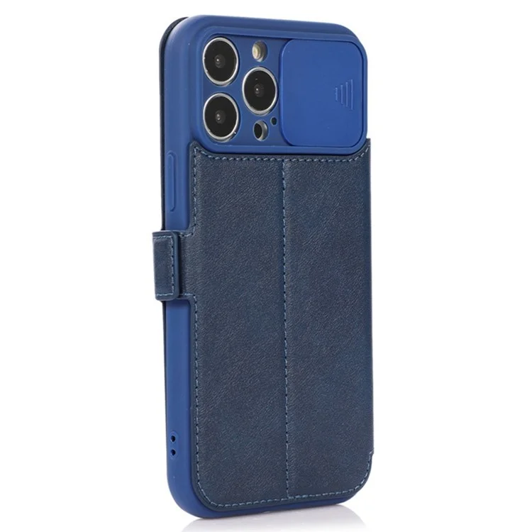 Для iPhone 14 Pro Slide Camera Protection Folio Flip Phone Case PU Leather Stand Card Holder Cover - Blue