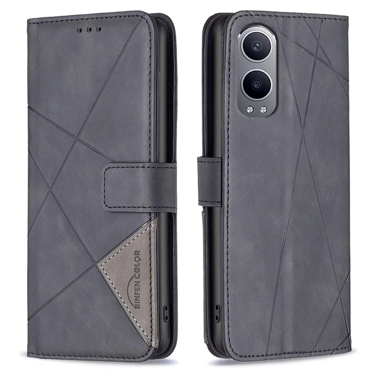 BINFEN COLOR For OnePlus Nord CE4 Lite 5G / Oppo K12x 5G (China) Phone Cases Wallet Stand Geometry Imprinted Leather Cover - Black